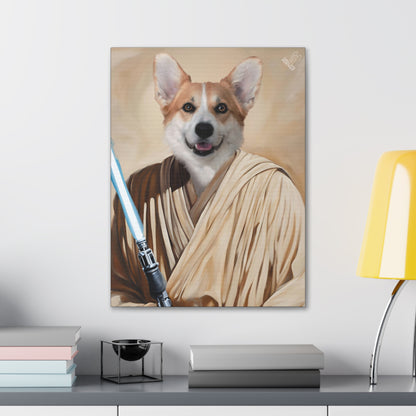 Canvas print of a dog dressed as a Jedi with a lightsaber on a wall above a desk.
