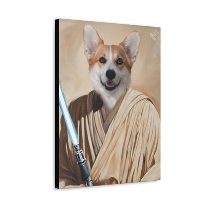 Canvas print of a dog dressed as a Jedi with a lightsaber on a beige background