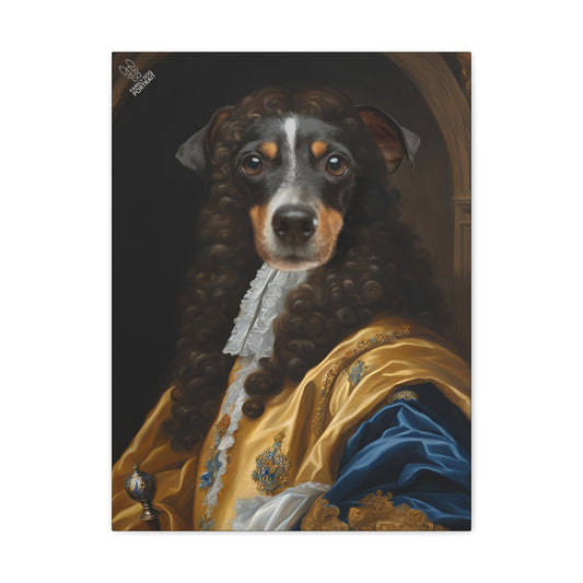 Dog in regal attire with a dark background