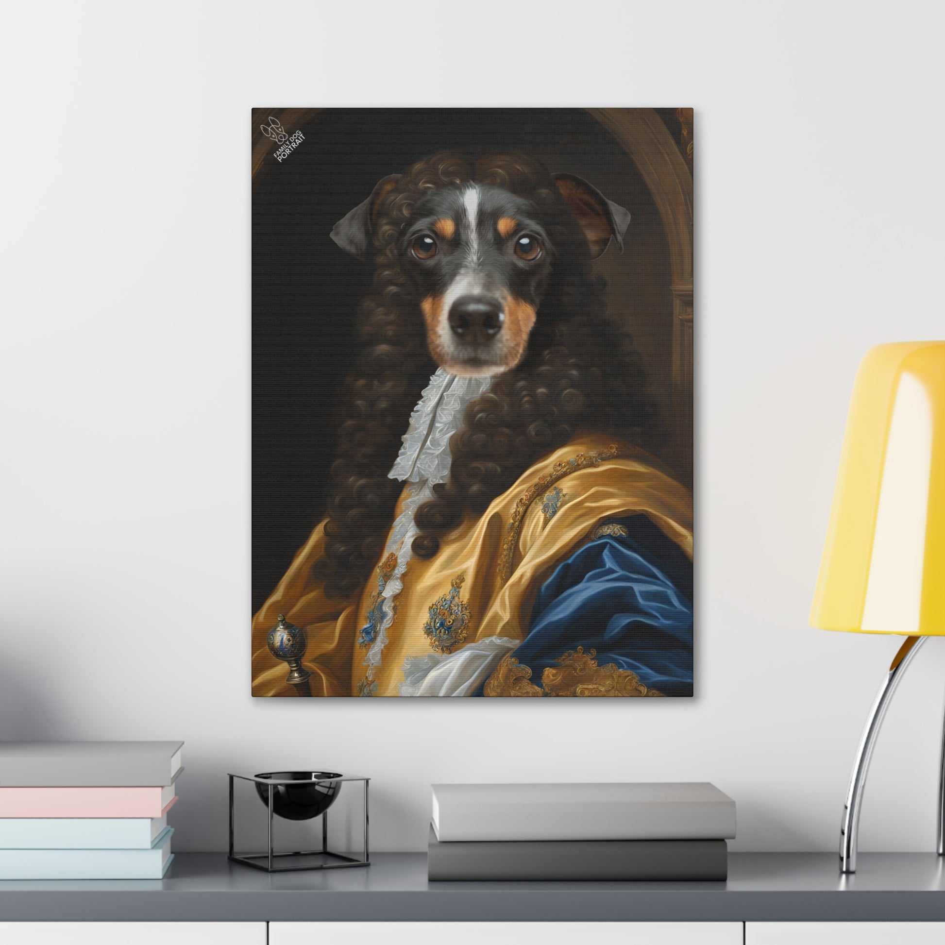 Framed portrait of a dog resembling a classical painting on a wall above a shelf.