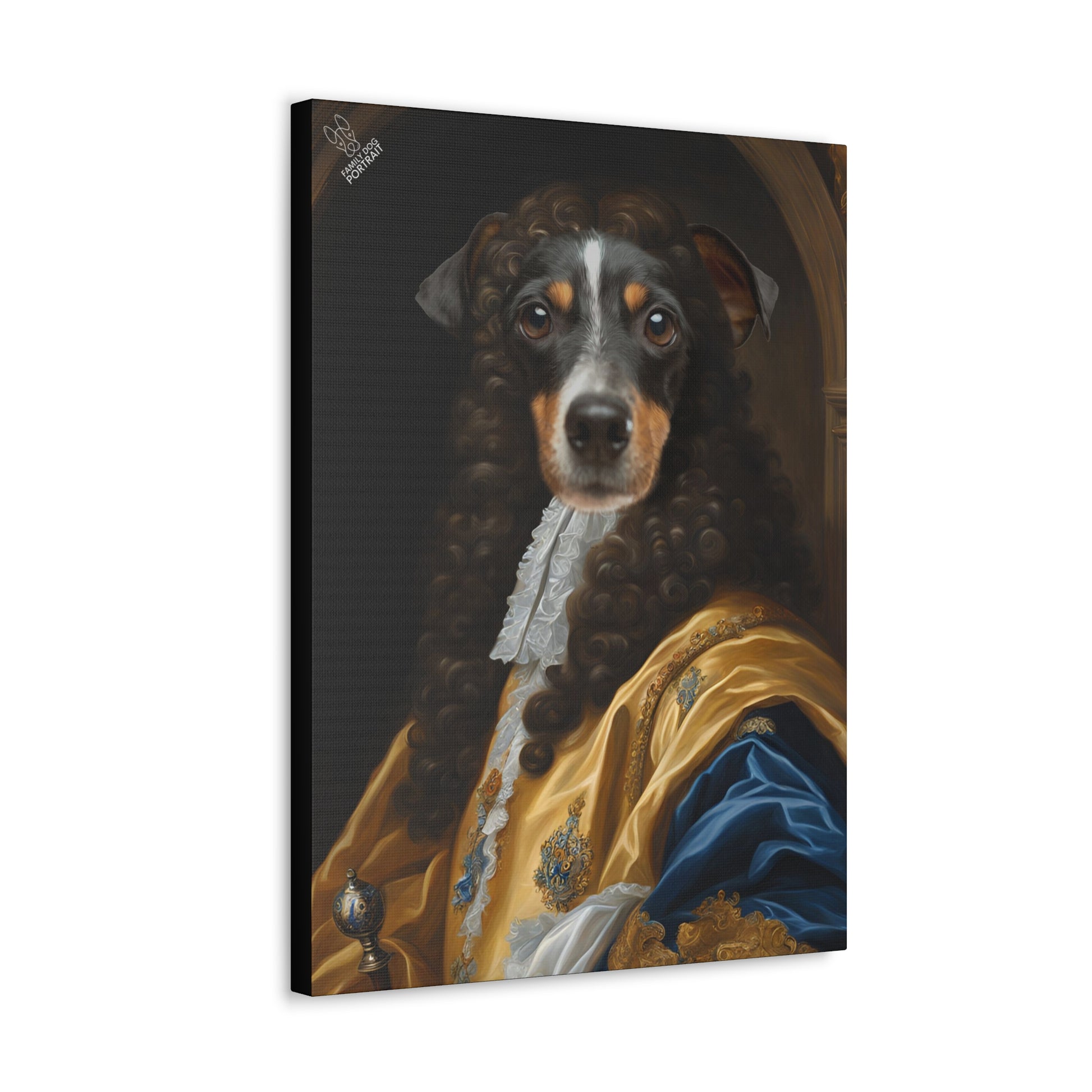 Canvas print of a dog dressed in formal attire with a dark background