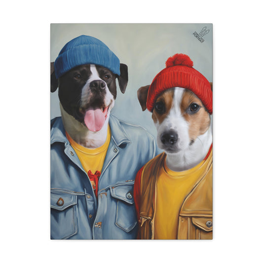 Two dogs wearing colorful hats and jackets on a white background