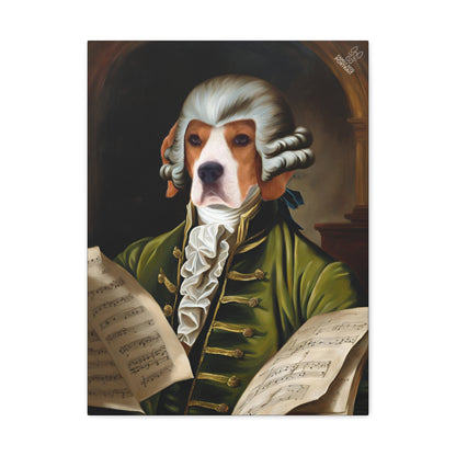 Dog dressed in historical attire holding sheet music, styled like a classical painting