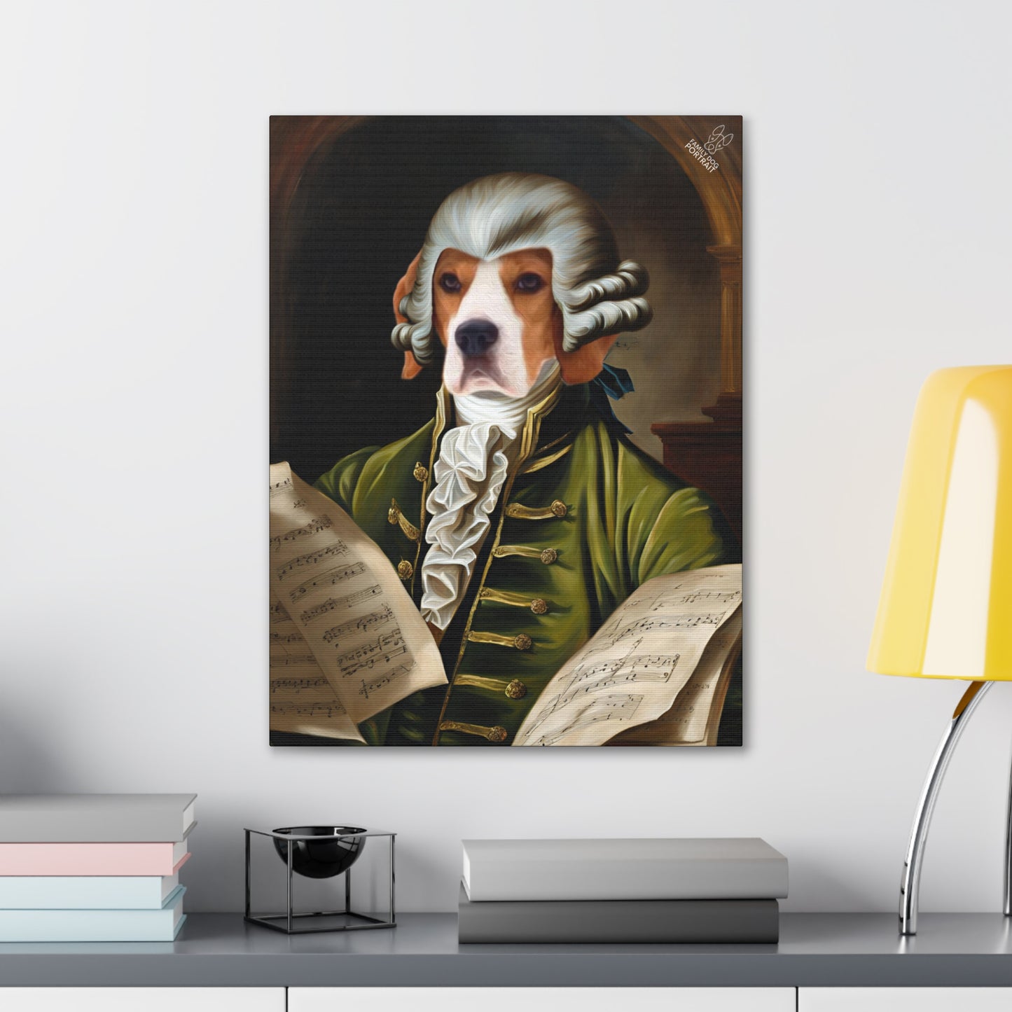 Dog portrait dressed in classical attire with sheet music, displayed on a wall above a shelf.