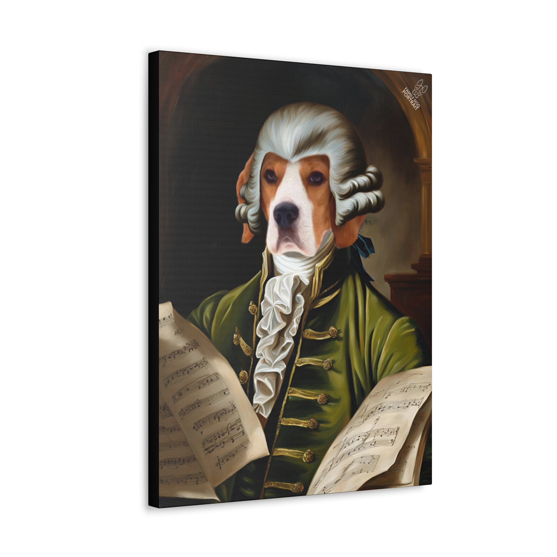 Canvas print of a dog with a classical portrait style, wearing a green coat and holding sheet music.