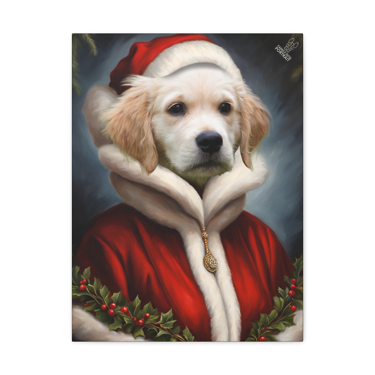 Painting of a dog wearing a Santa outfit with a dark blue background