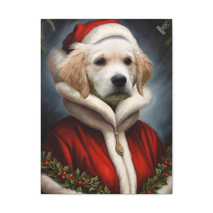 Painting of a dog wearing a Santa outfit with a dark blue background