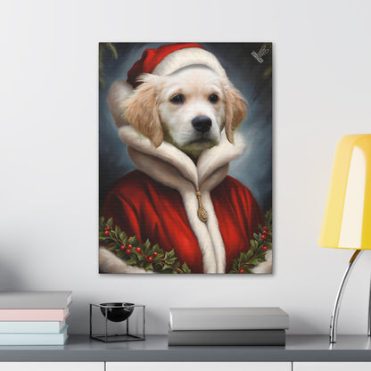Canvas print of a dog in a Santa Claus outfit on a wall above a desk.