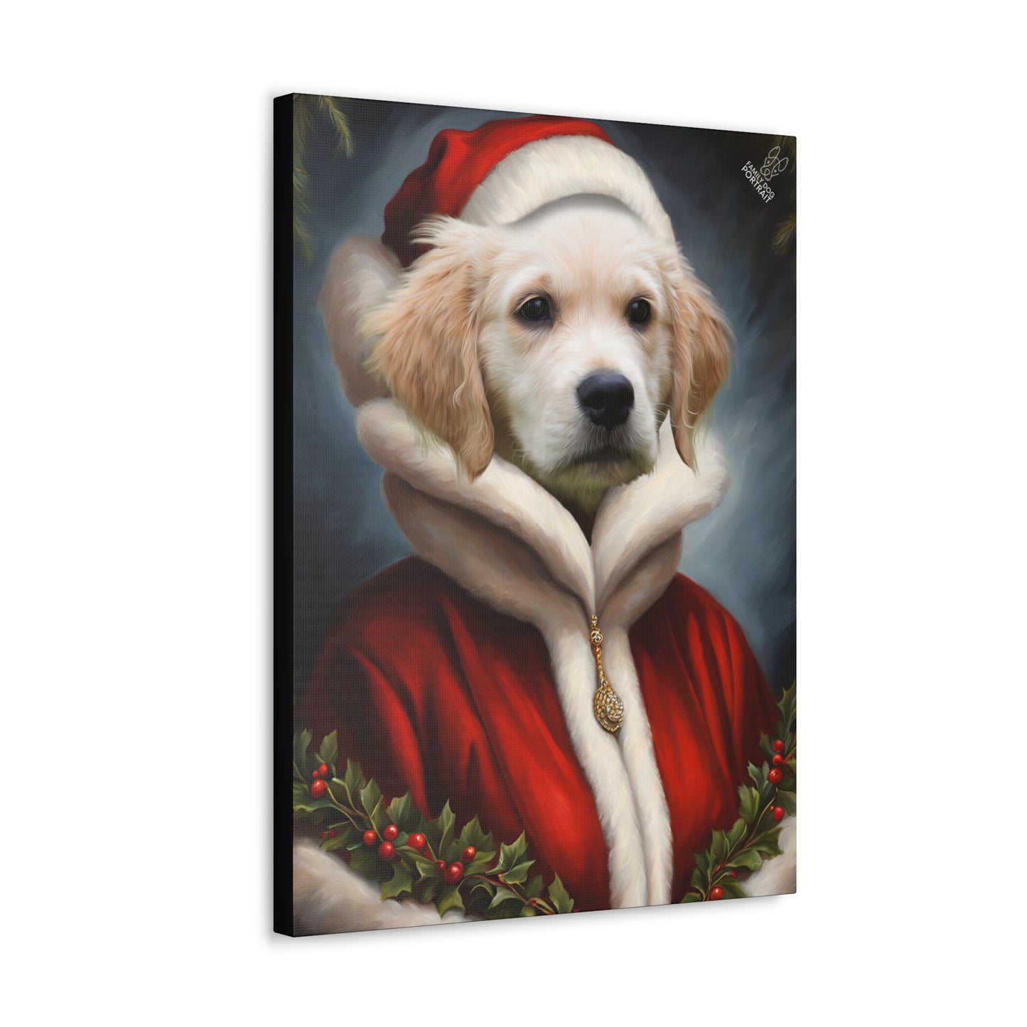 Canvas print of a dog wearing a Santa hat and coat with holly leaves and berries on a dark background.