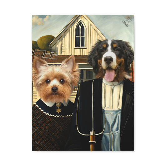 Two dogs dressed in formal attire standing in front of a house.