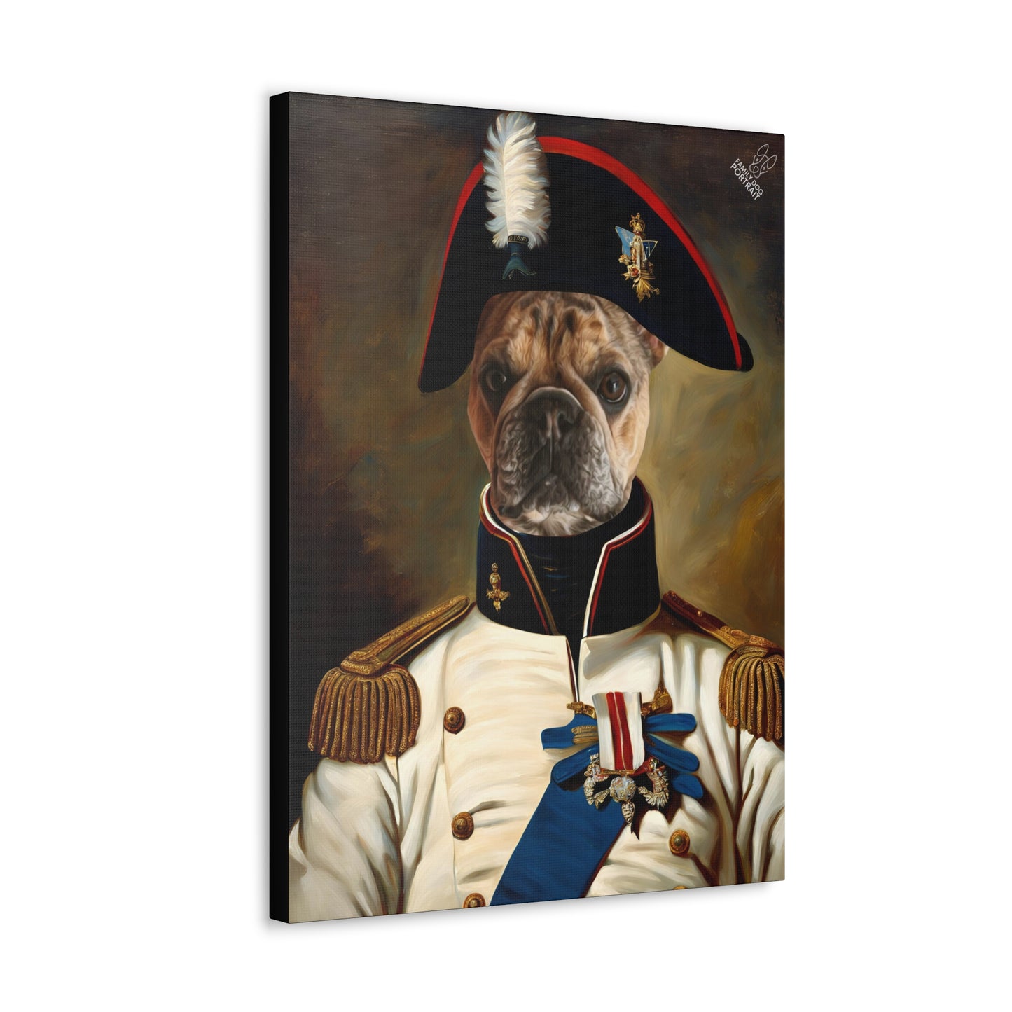 Canvas print of a dog dressed in a historical military uniform with a feathered hat.