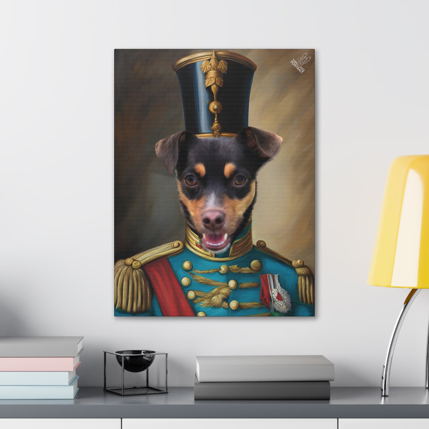 Canvas print of a dog in a Nutrcracker's outfit on a wall above a desk.