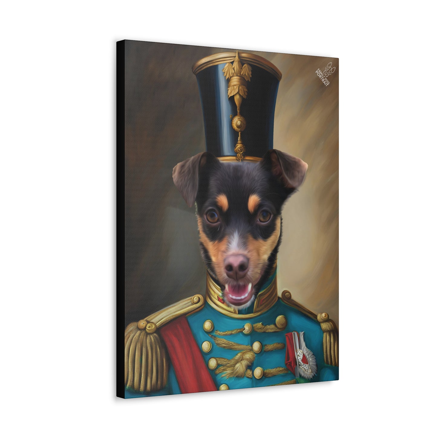 Canvas print of a dog in a nutcracker uniform.
