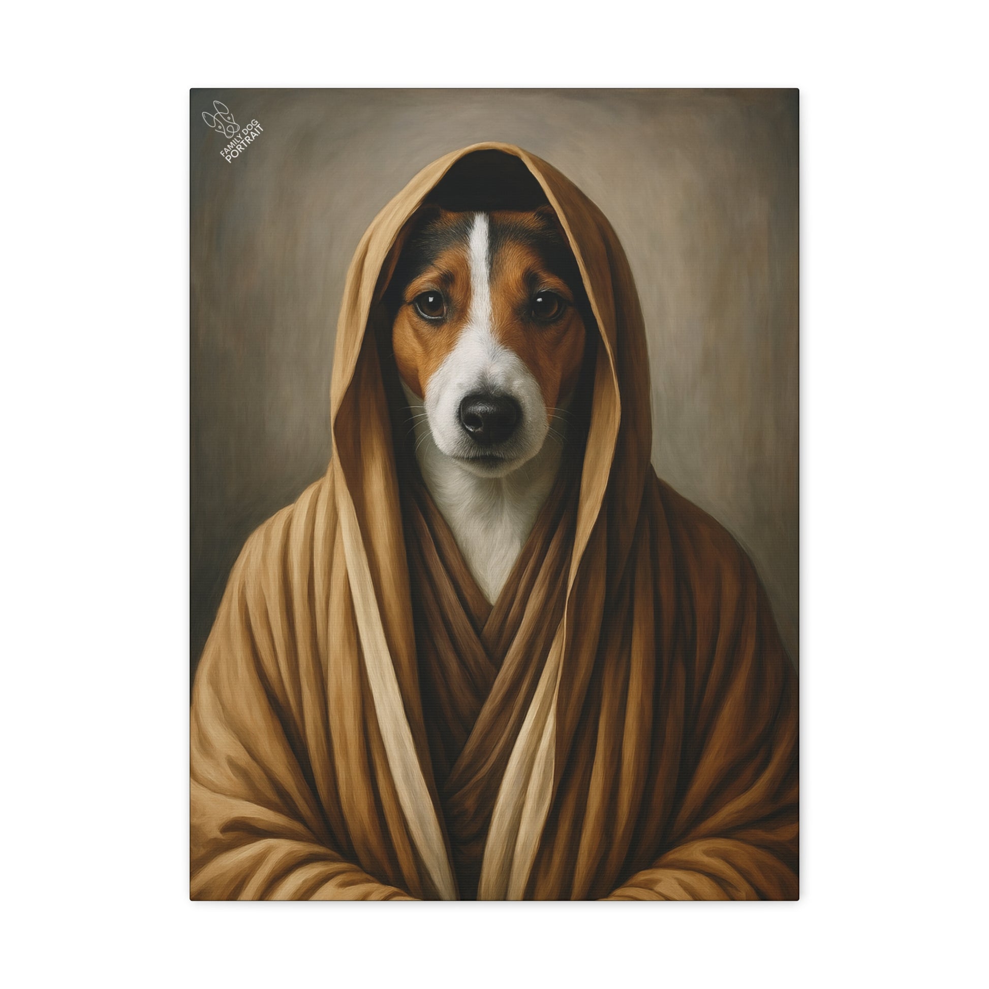 Dog in a robe with a neutral background