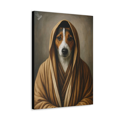Canvas print of a dog in a robe with a neutral background