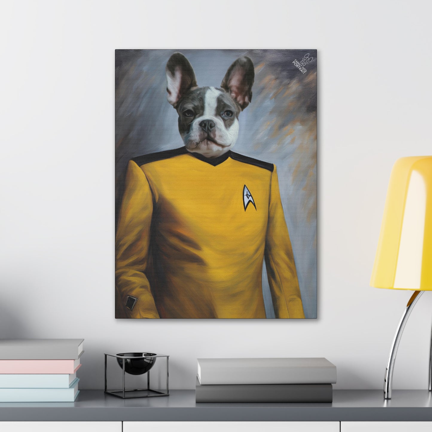 Painting of a dog in a Star Trek uniform on a wall above a desk.
