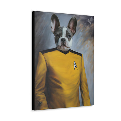 Canvas print of a dog in a Star Trek uniform with a gray background