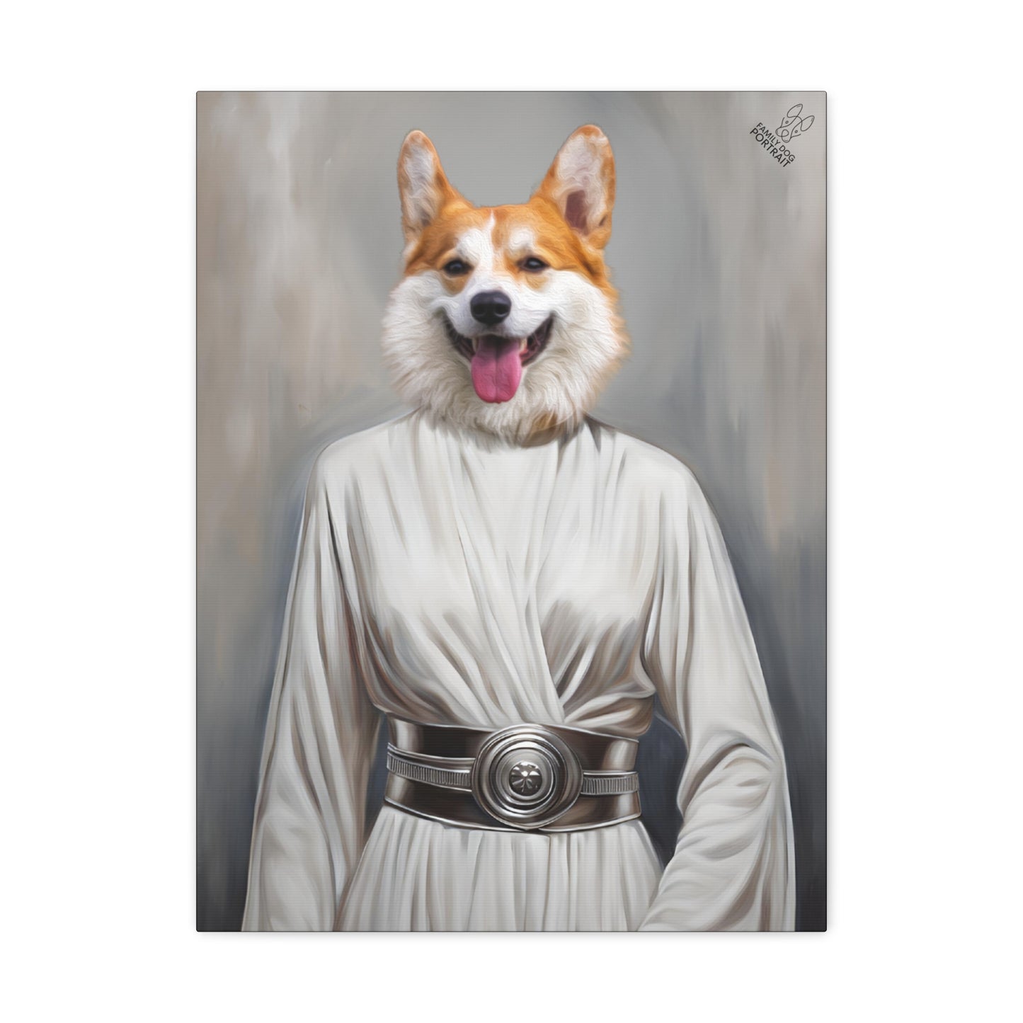 Dog wearing a Rey costume from Star Wars on a gray background
