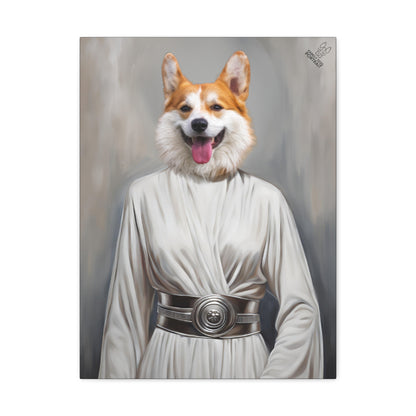 Dog wearing a Rey costume from Star Wars on a gray background
