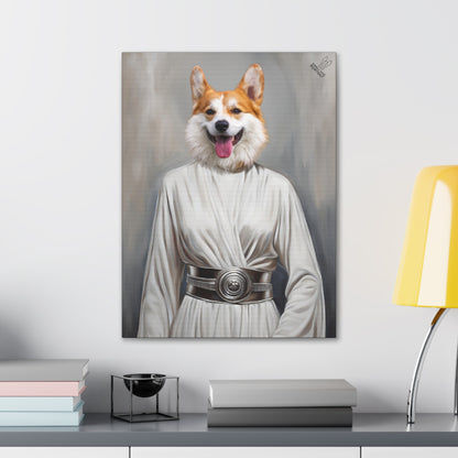 Canvas print of a dog dressed in a white robe with a belt, resembling a character from Star Wars, on a wall above a desk.