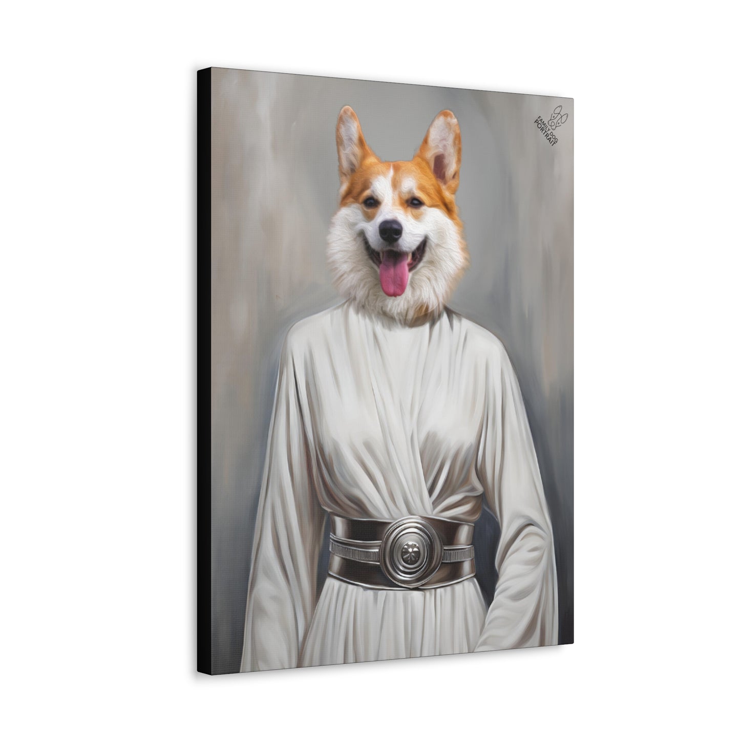 Canvas print of a dog dressed in a white robe with a belt, resembling a character from a popular franchise.