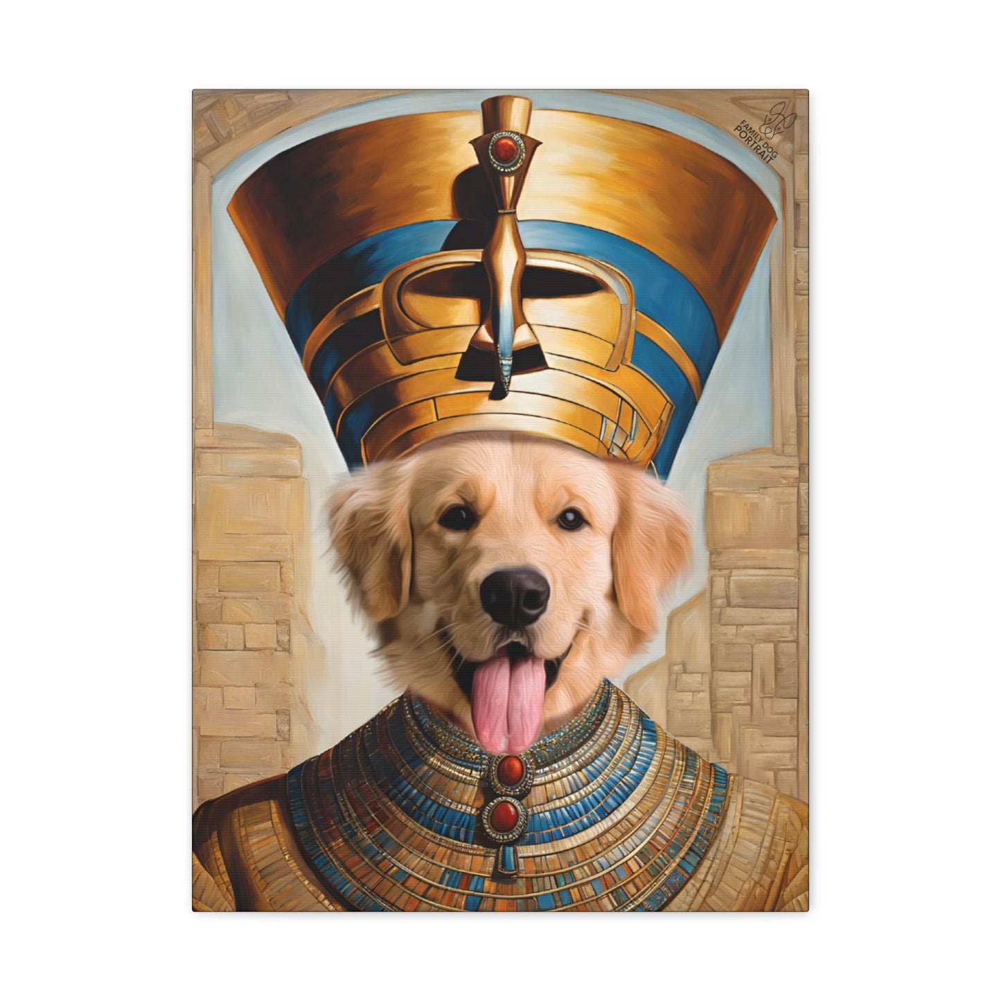 Dog wearing an Egyptian pharaoh costume with a headdress and collar on a white background