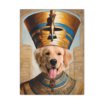 Dog wearing an Egyptian pharaoh costume with a headdress and collar on a white background