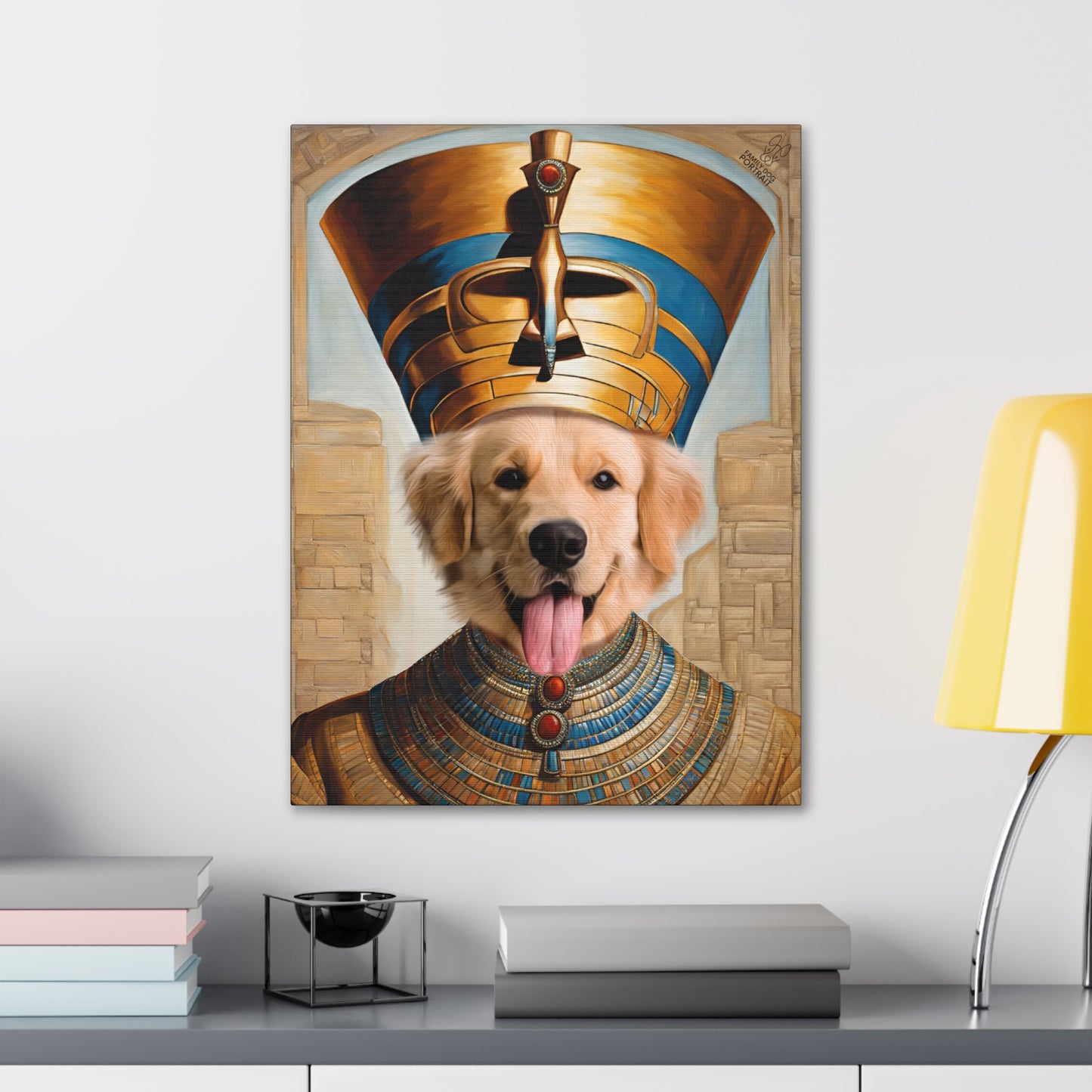 Dog wearing an Egyptian pharaoh costume with a decorative frame on a wall.