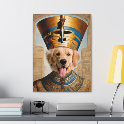 Dog wearing an Egyptian pharaoh costume with a decorative frame on a wall.
