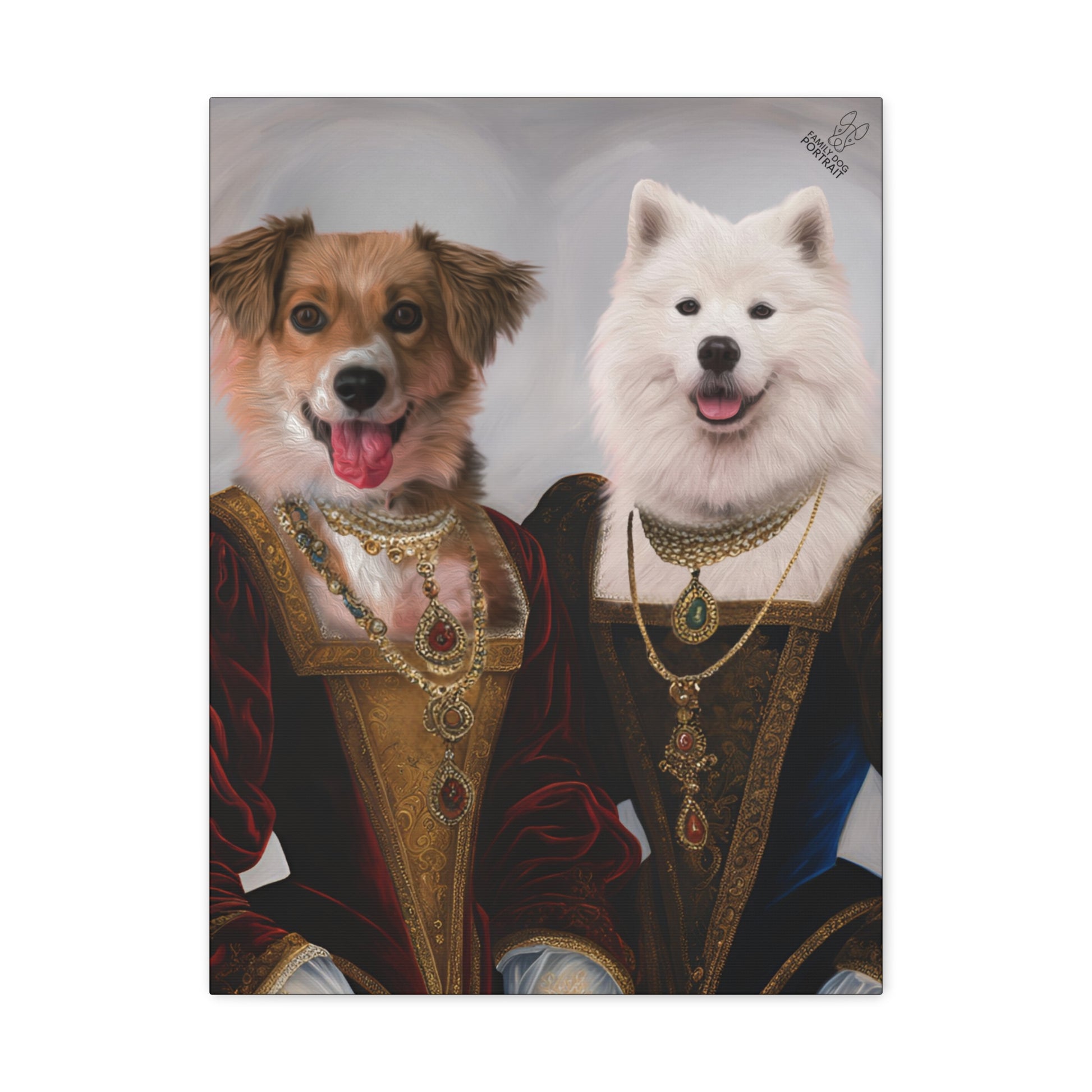 Two dogs dressed in royal attire with jewelry on a gray background