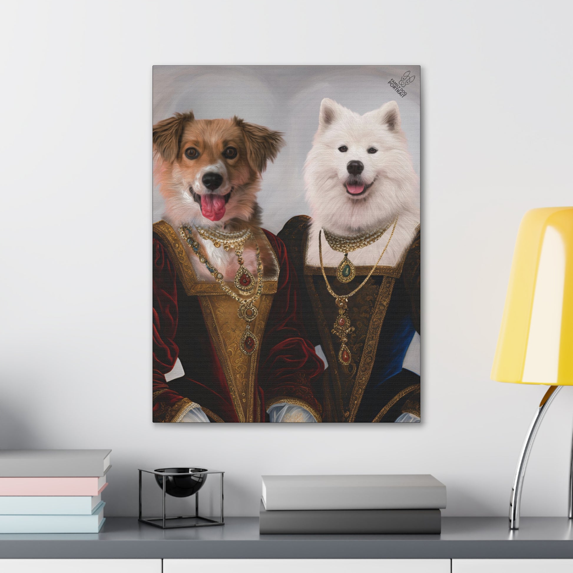 Two dogs in regal attire on a framed painting, displayed on a shelf with books and a lamp.