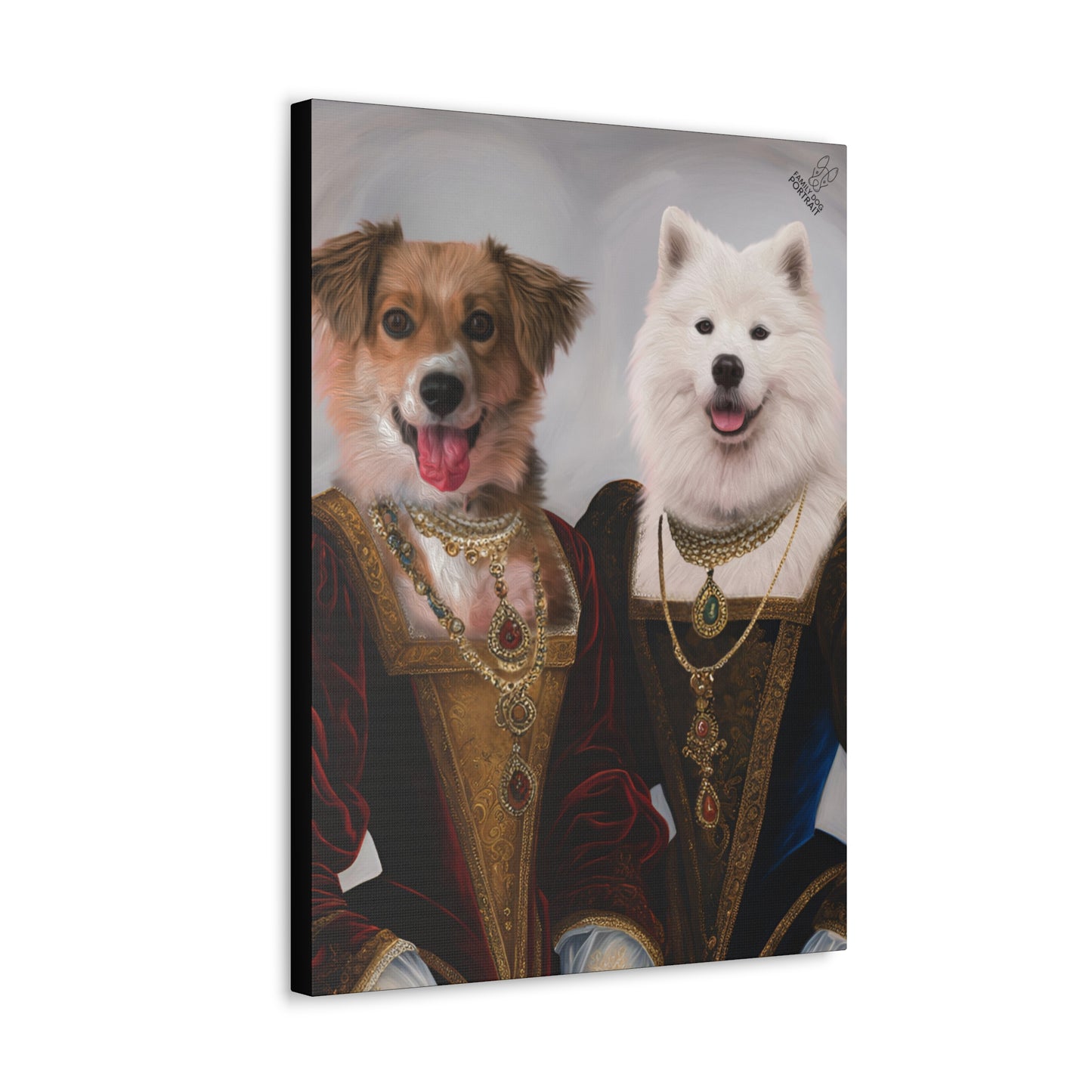 Two dogs dressed in royal attire with jewelry on a white background