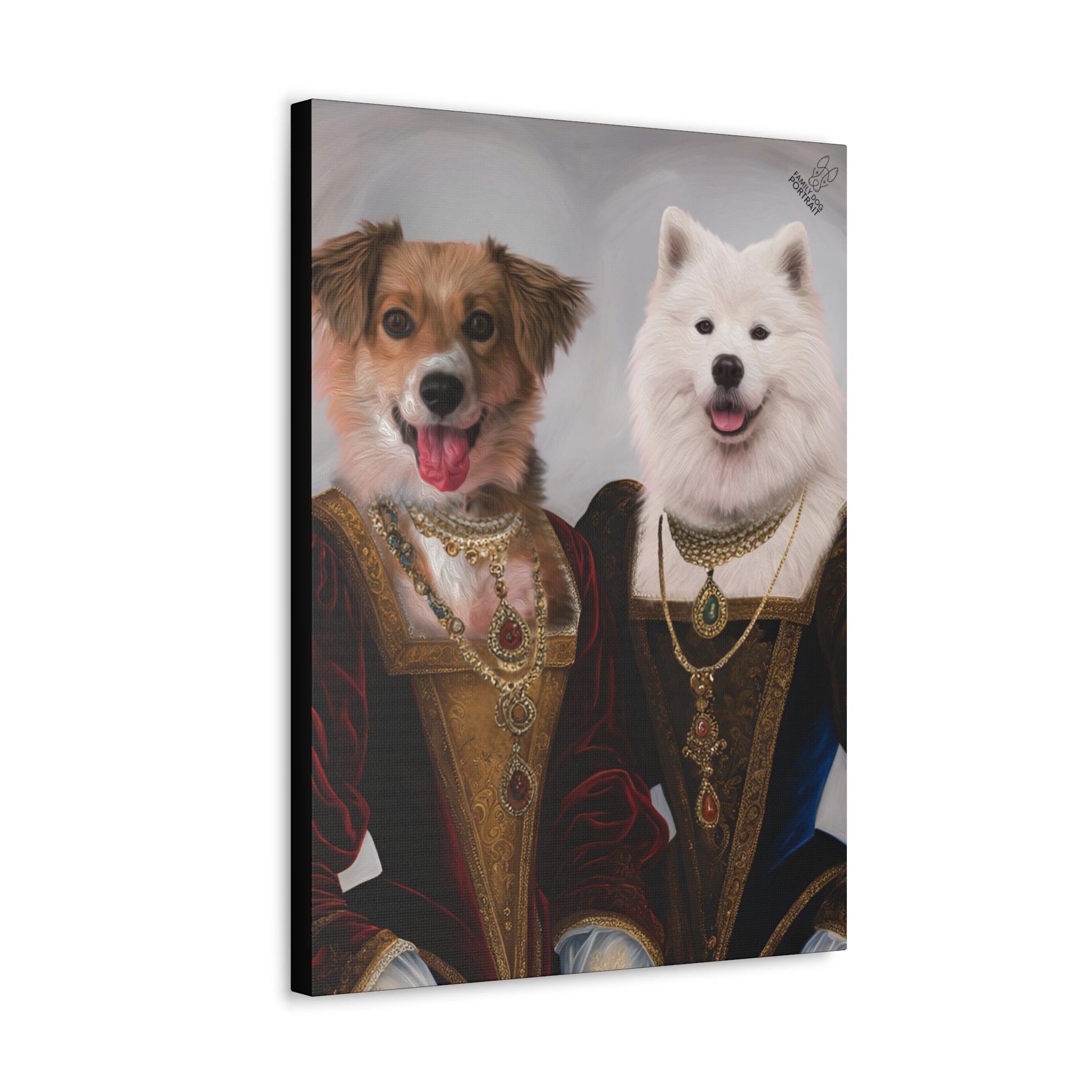 Two dogs dressed in royal attire with jewelry on a white background