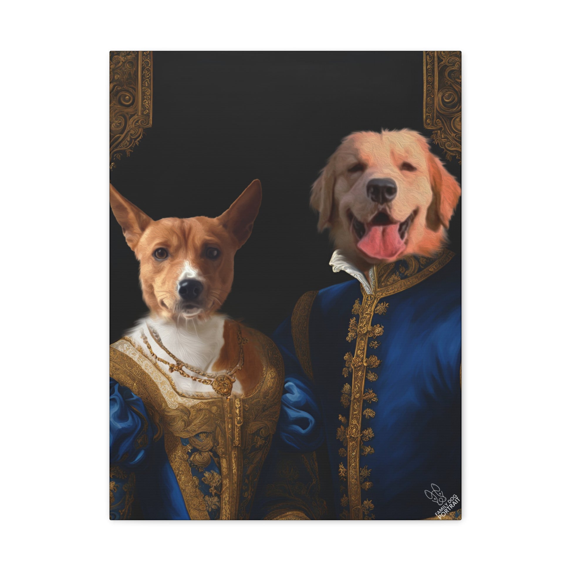 Two dogs in classical attire with a dark background