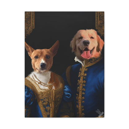 Two dogs in classical attire with a dark background