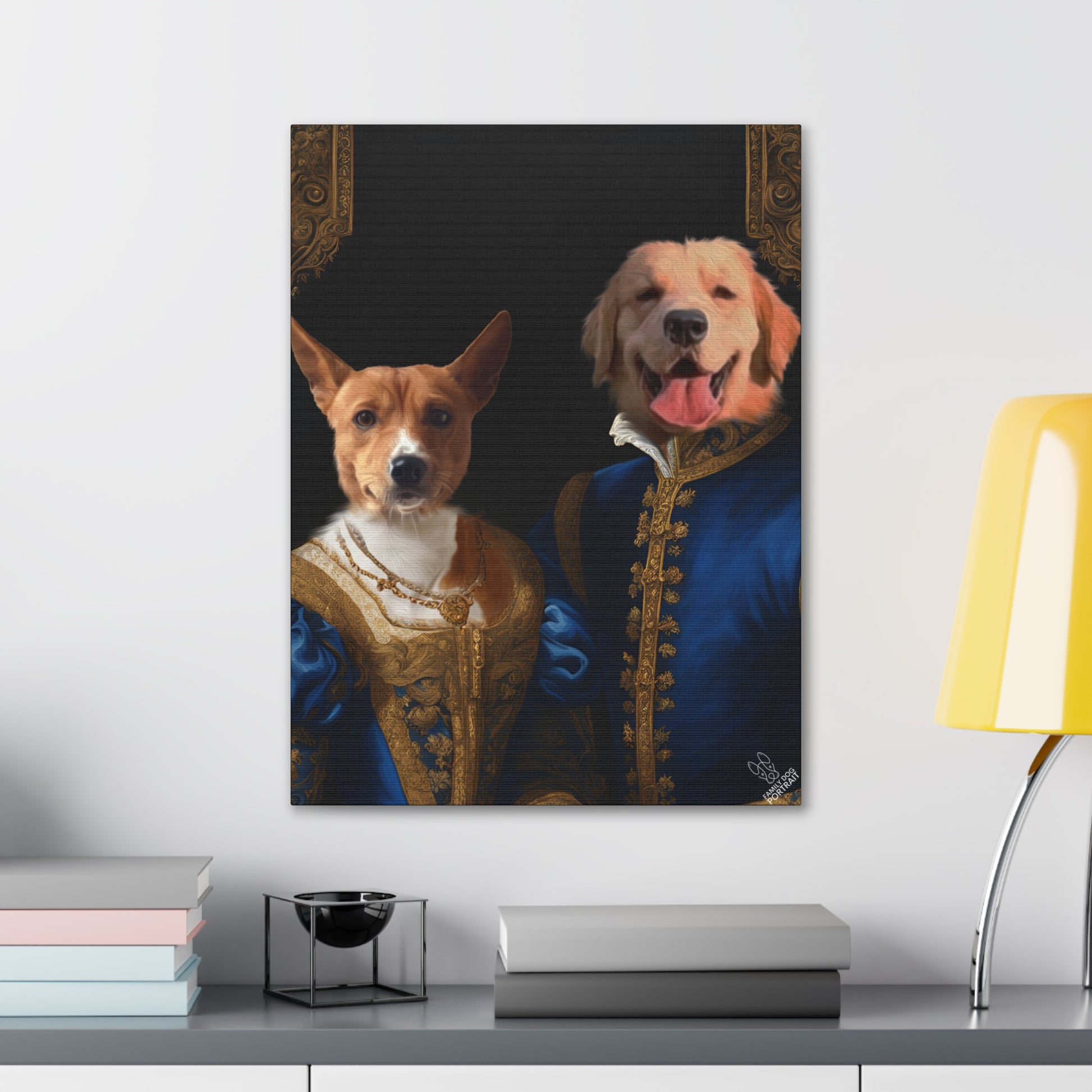 Canvas print of two dogs in formal attire on a wall above a desk.