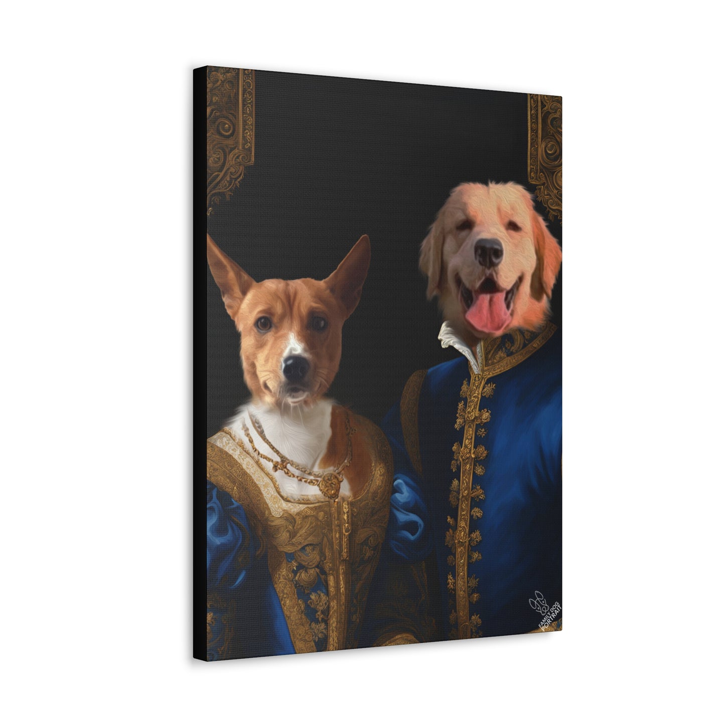 Two dogs in classical attire on a black background
