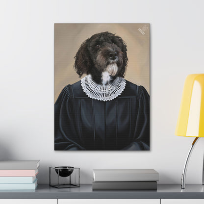 Framed portrait of a dog with a formal outfit on a wall above a desk.