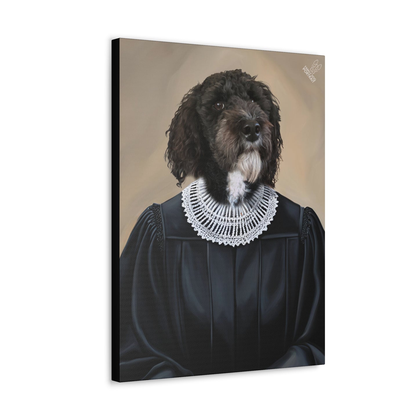 Canvas print of a dog dressed in historical attire with a lace collar on a beige background
