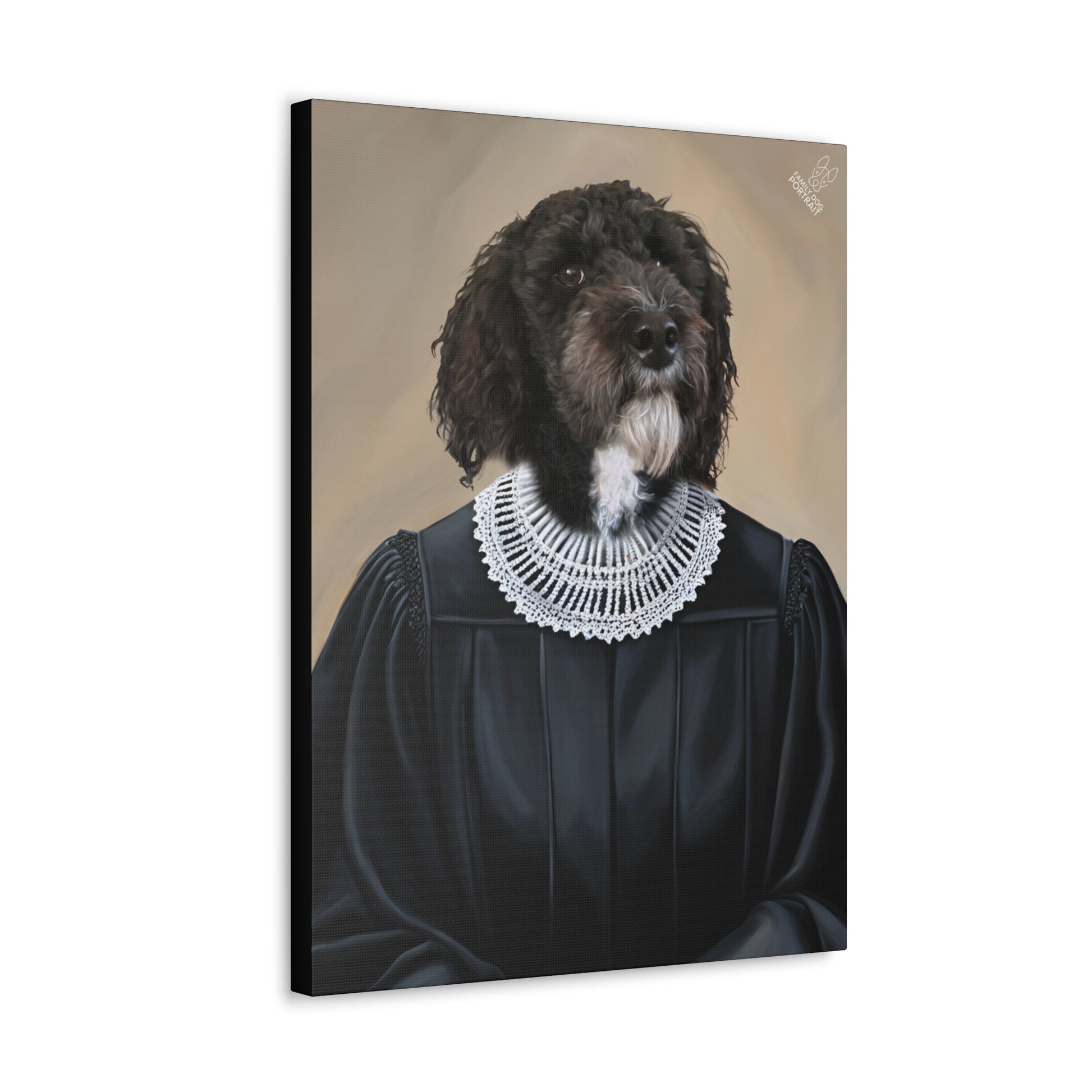 Canvas print of a dog dressed in historical attire with a lace collar on a beige background
