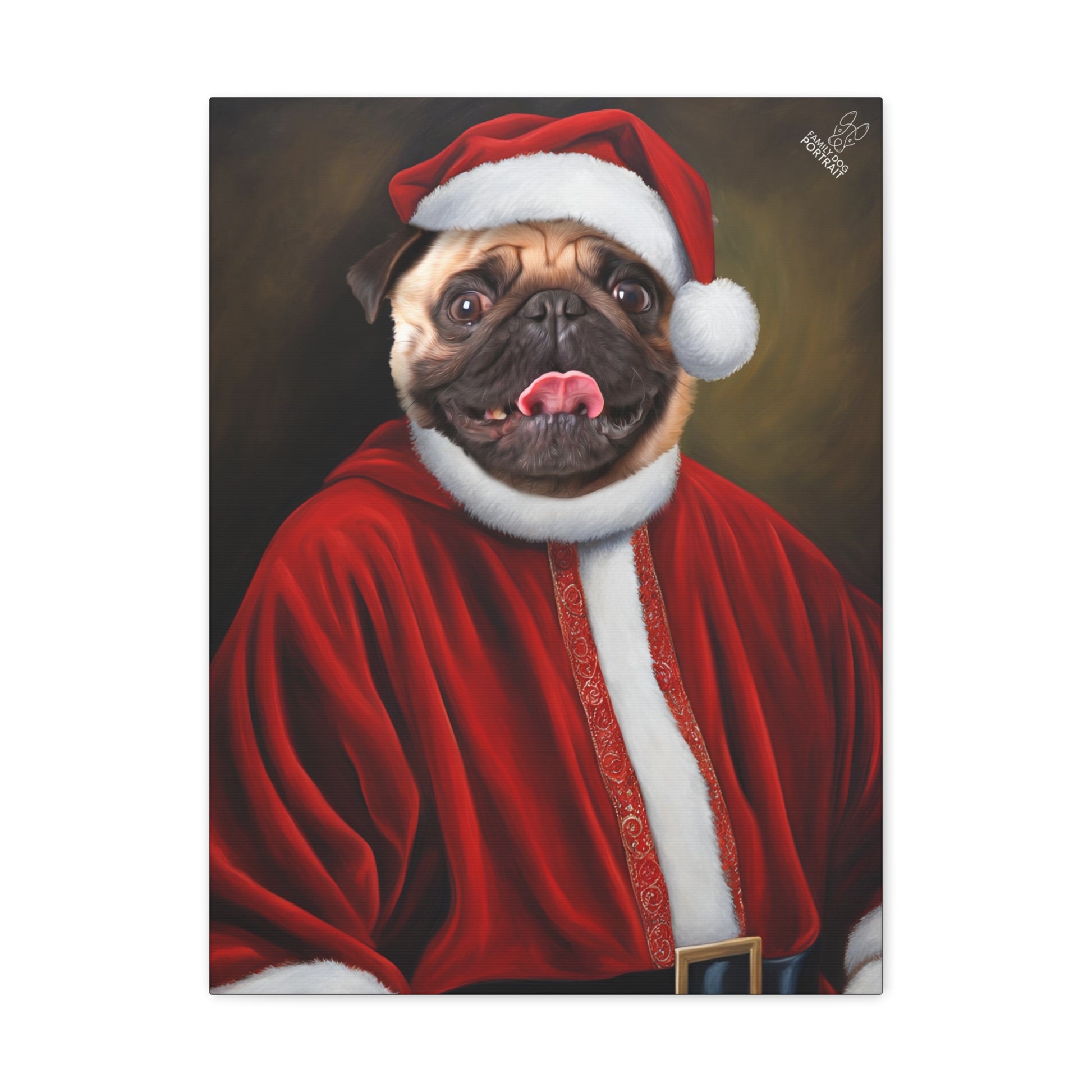 Dog wearing a Santa hat and robe on a white background