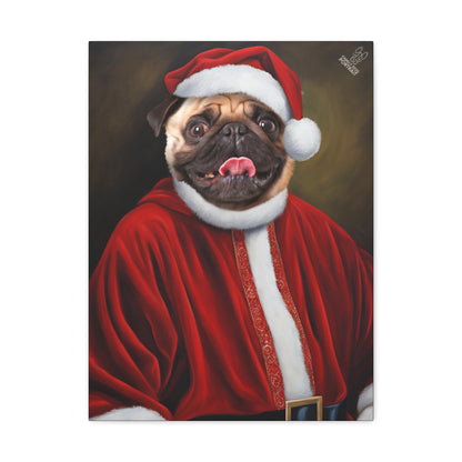 Dog wearing a Santa hat and robe on a white background