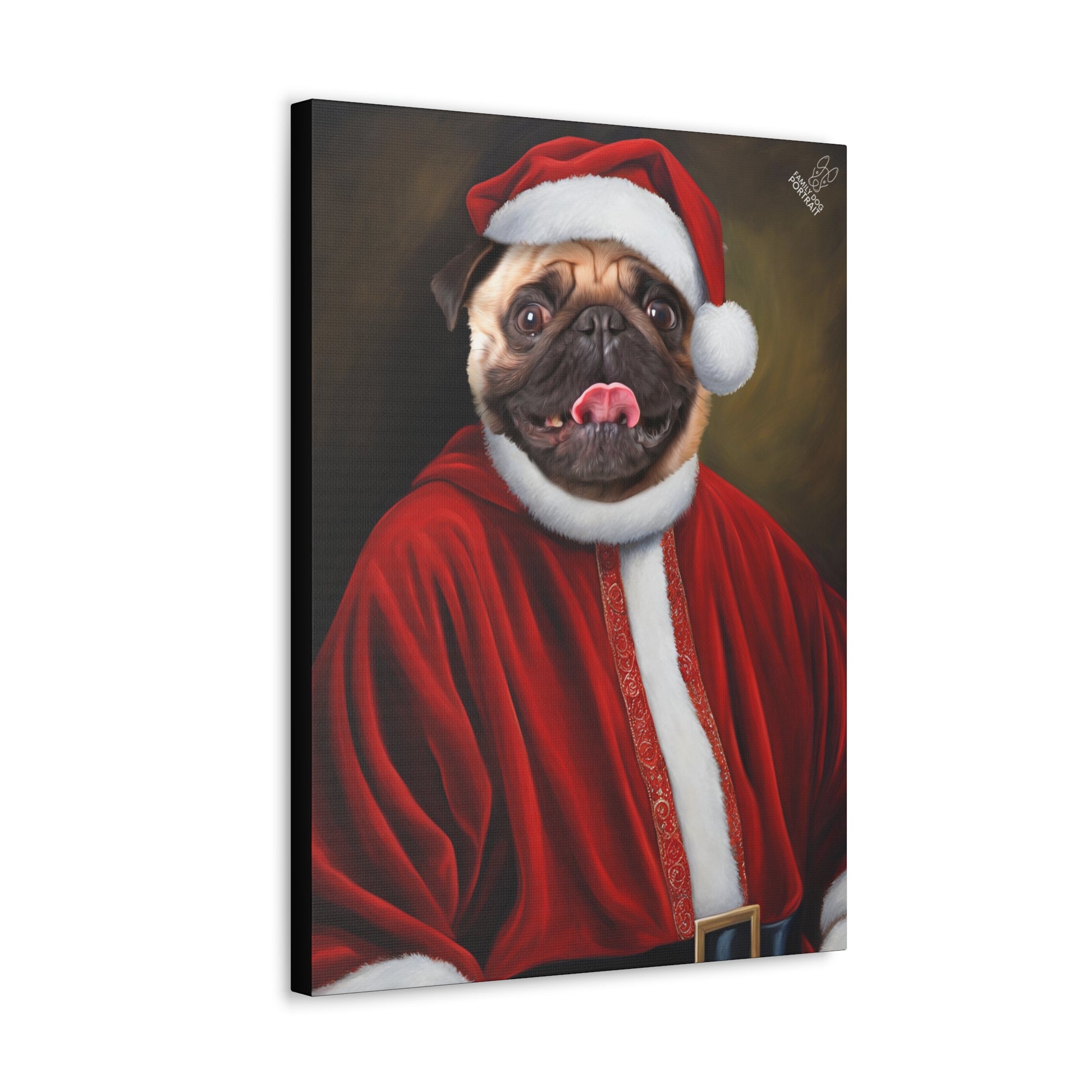 Canvas print of a pug dog dressed as Santa Claus on a white background