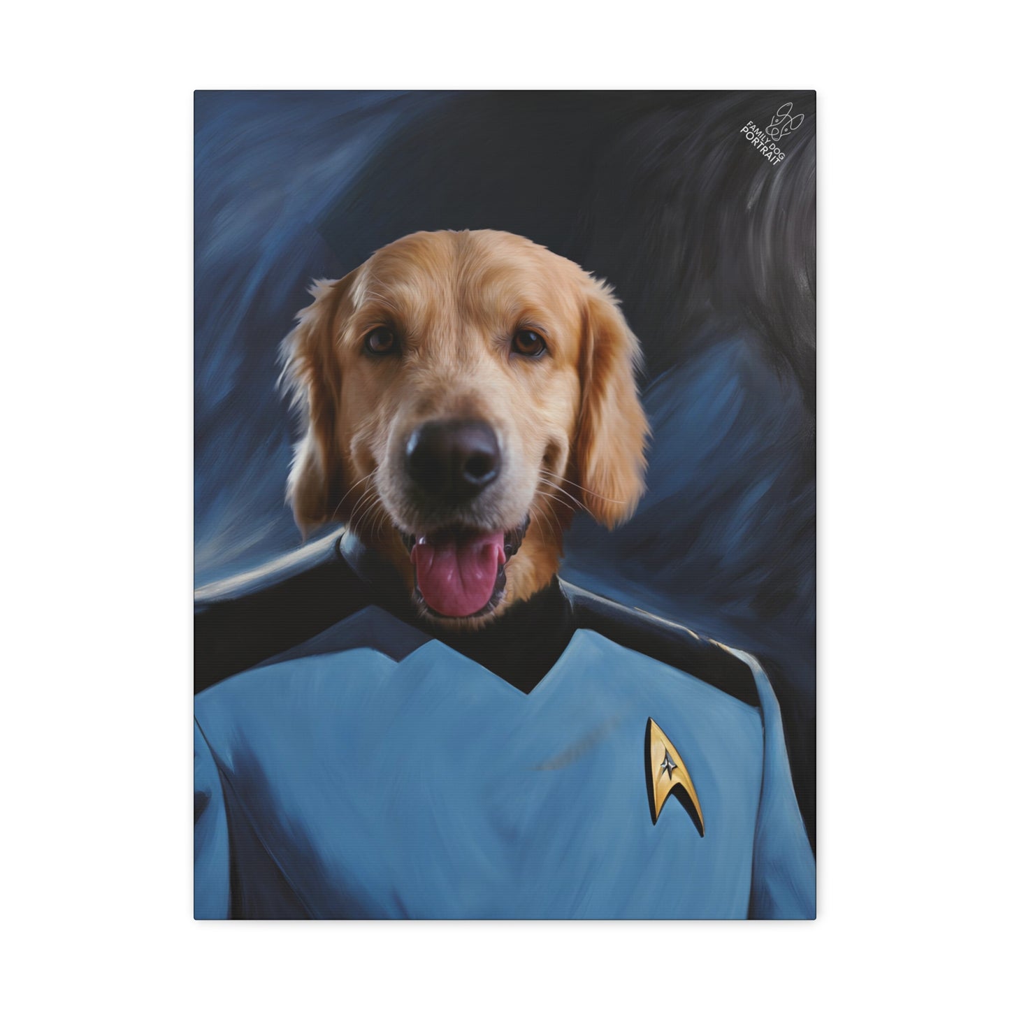 Dog wearing a Star Trek uniform with a dark blue background