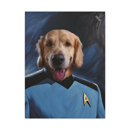 Dog wearing a Star Trek uniform with a dark blue background