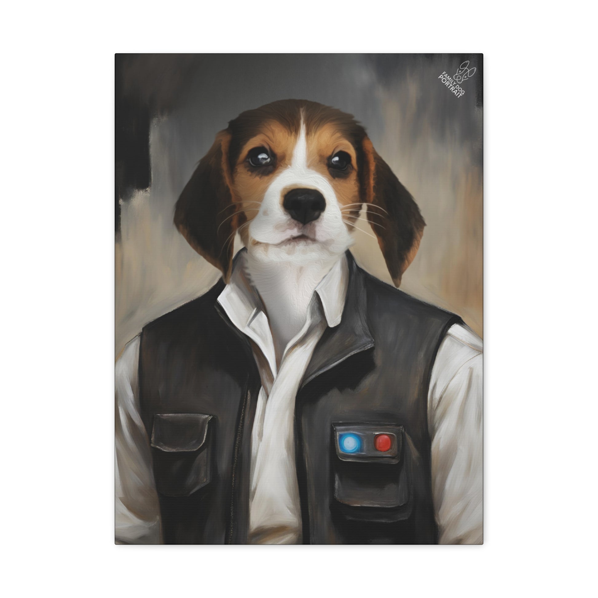 Dog painting wearing a vest with star-like buttons on a white background
