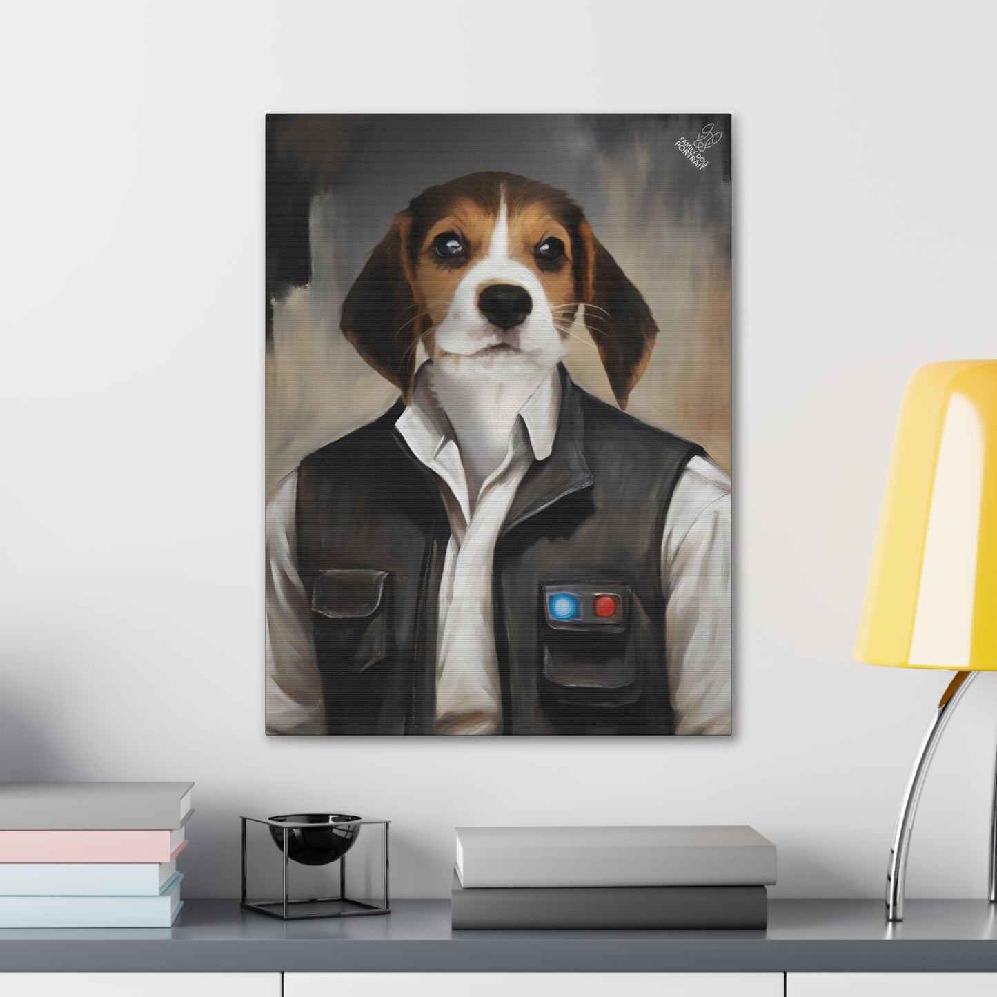 Framed painting of a dog in a Star Wars costume on a wall above a desk.
