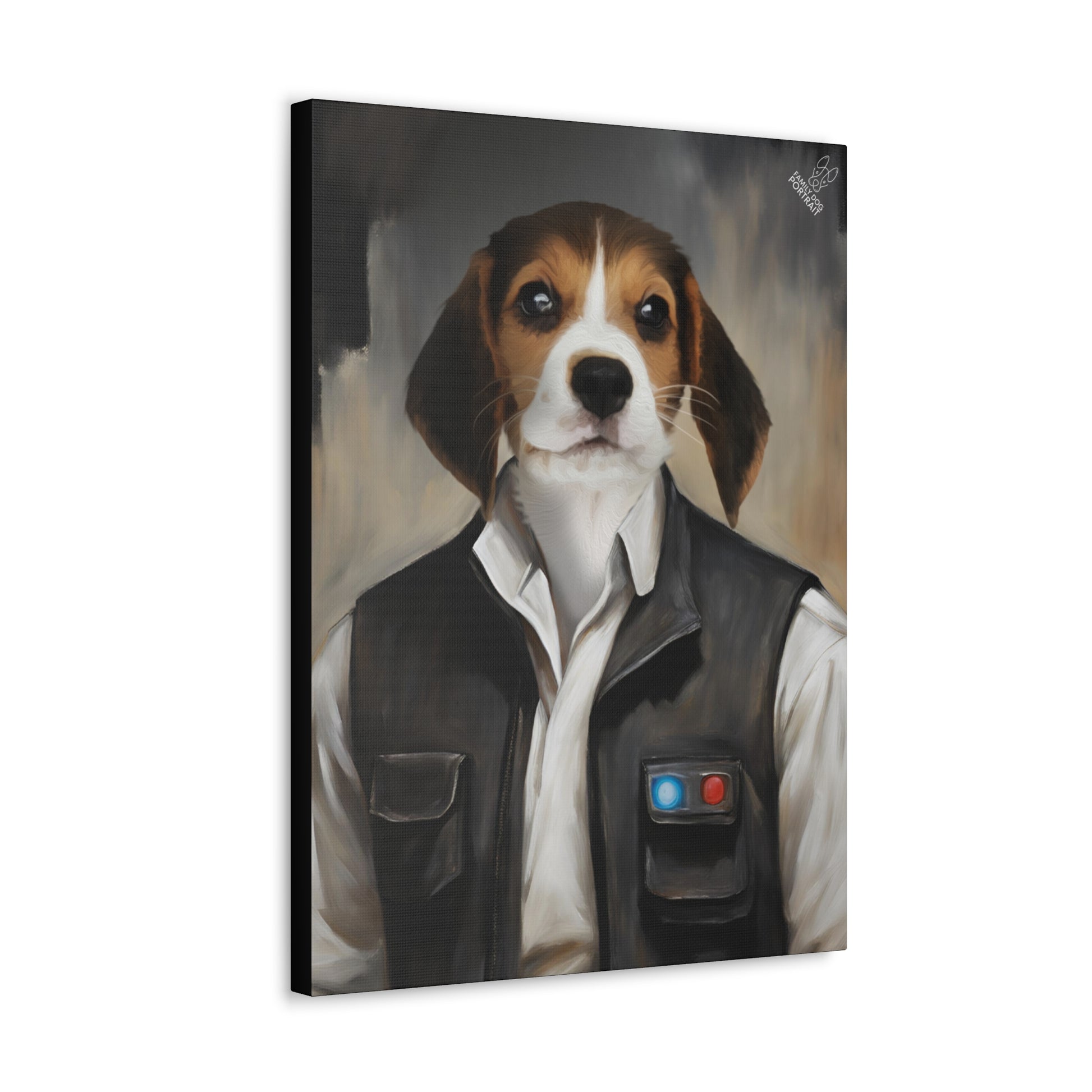 Canvas print of a dog wearing a vest with a star-like emblem on a white background
