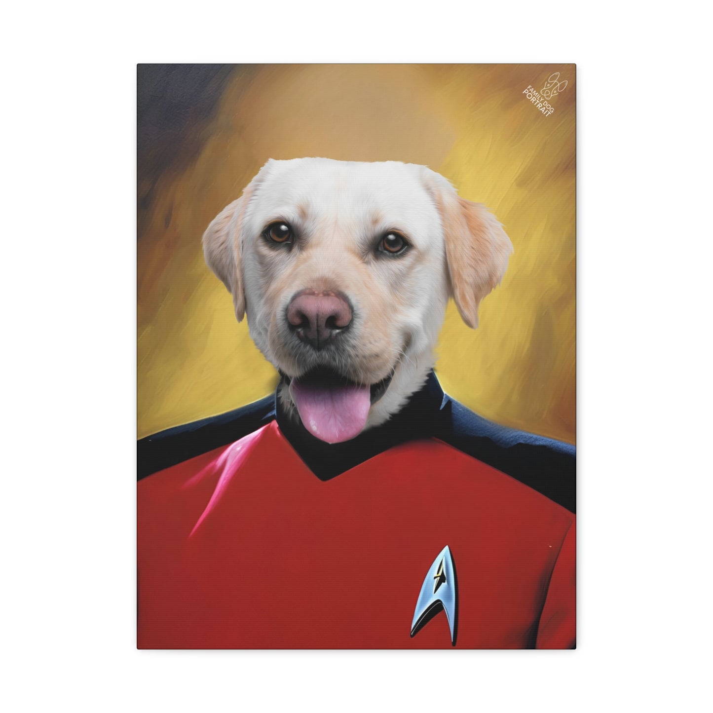 Dog wearing a Star Trek uniform with a yellow background
