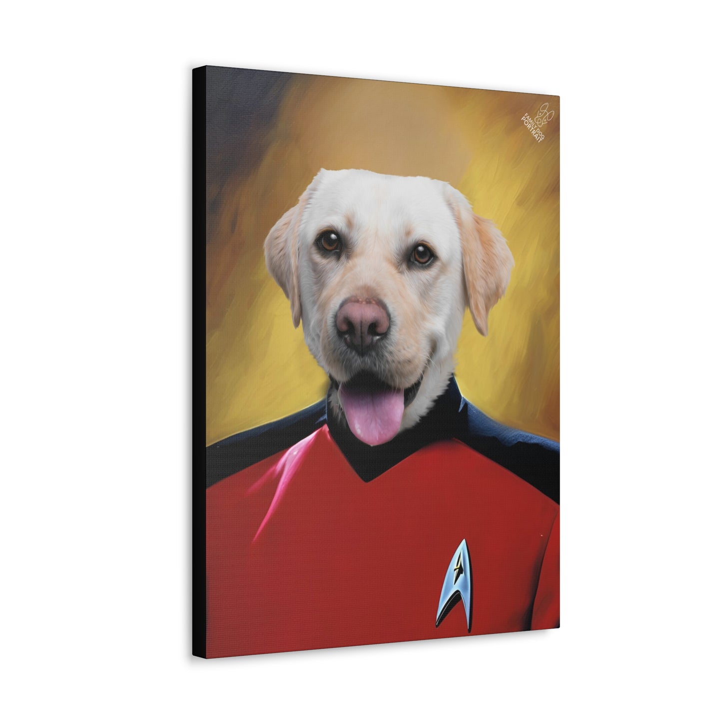 Canvas print of a dog wearing a red shirt with a Star Trek logo on a yellow background